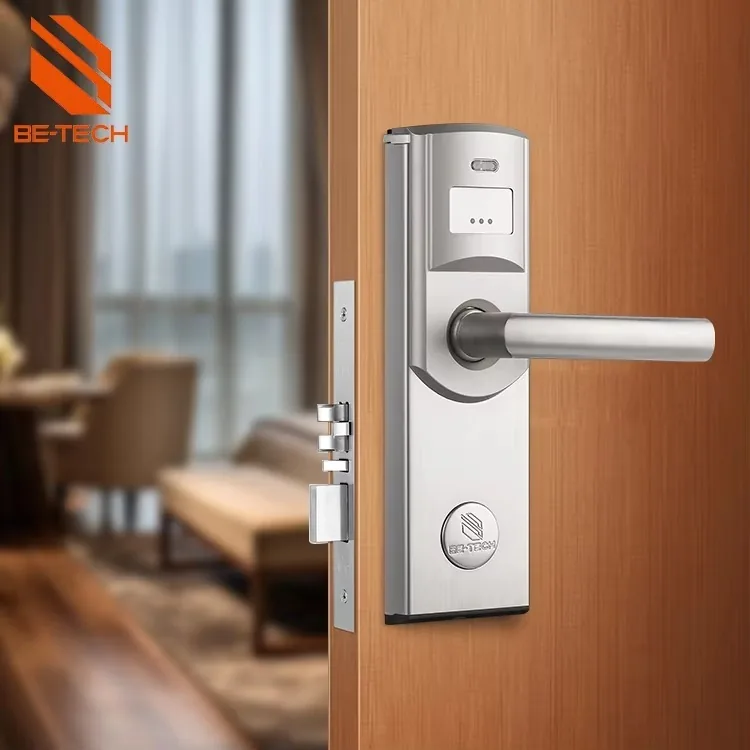 Hotel room door fitted with electronic hotel lock