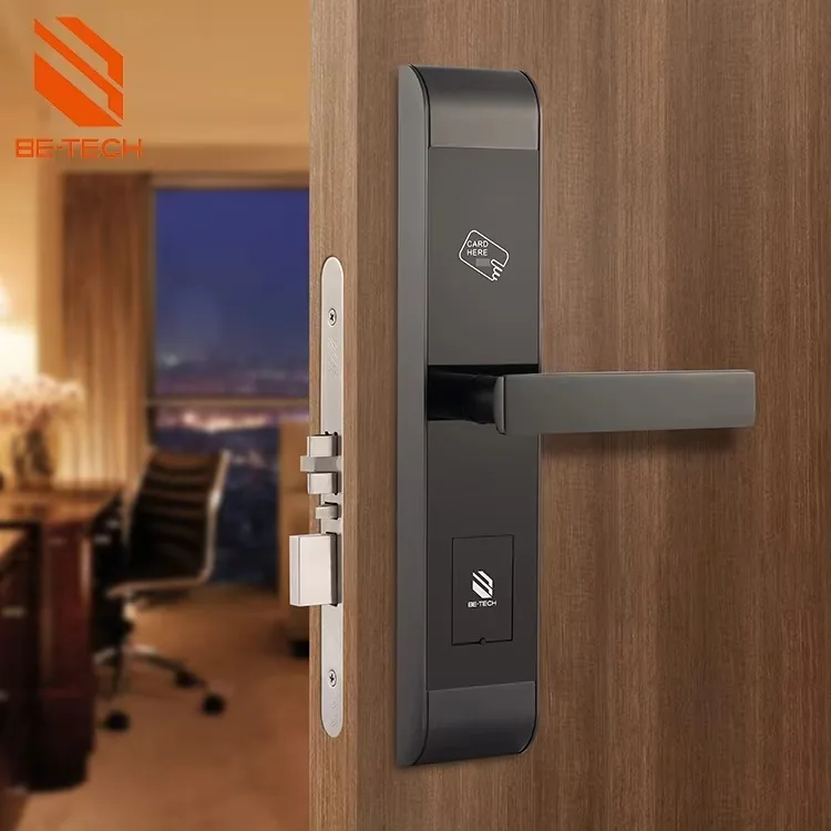 Black smart lock installed on a modern wooden door
